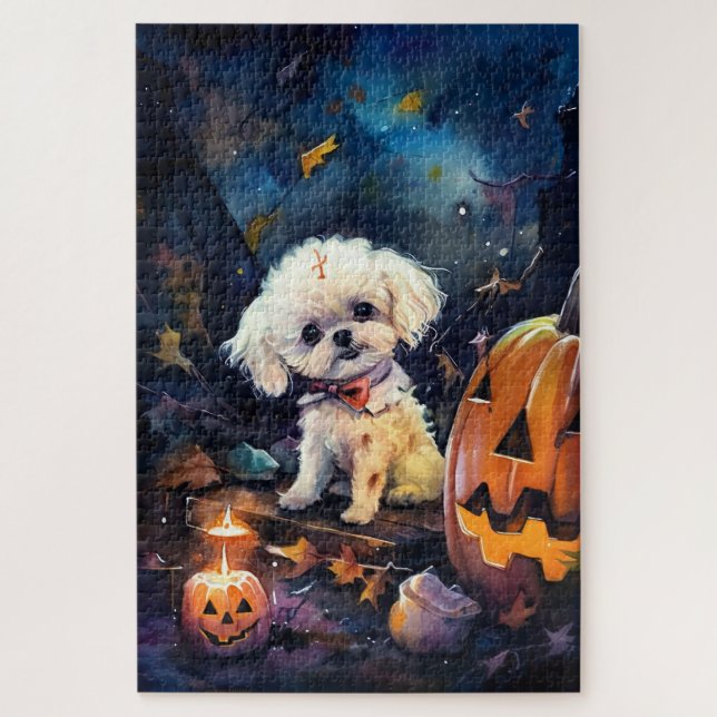 Halloween Bichon Frise With Pumpkins Scary Jigsaw Puzzle (Vertical)