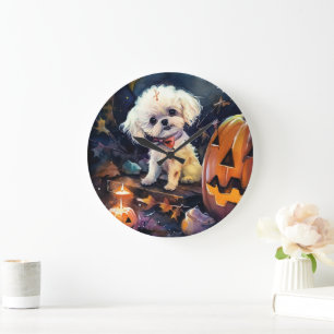Halloween Bichon Frise With Pumpkins Scary Large Clock