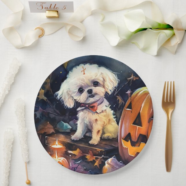 Halloween Bichon Frise With Pumpkins Scary Paper Plate (Wedding)