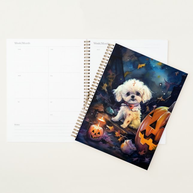 Halloween Bichon Frise With Pumpkins Scary Planner (Display)