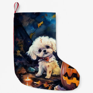 Halloween Bichon Frise With Pumpkins Scary Small Christmas Stocking