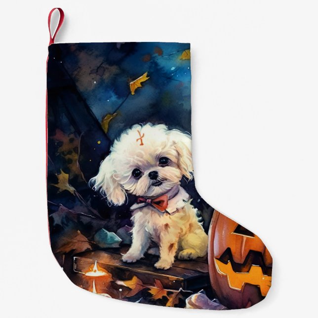 Halloween Bichon Frise With Pumpkins Scary  Small Christmas Stocking (Front)