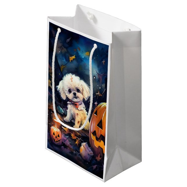 Halloween Bichon Frise With Pumpkins Scary Small Gift Bag (Front Angled)