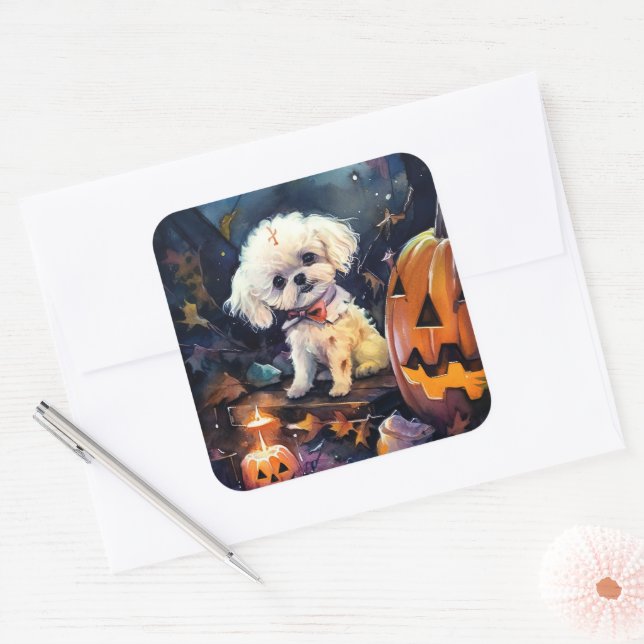Halloween Bichon Frise With Pumpkins Scary Square Sticker (Envelope)