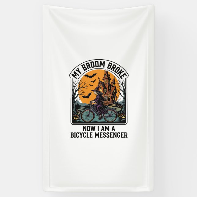 Halloween Bicycle Messenger Funny Witch Broom Brok Banner (Vertical)
