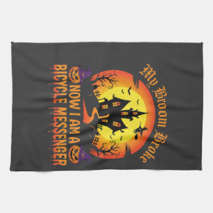 Halloween Bicycle Messenger Witch Broom Broke Desi Tea Towel