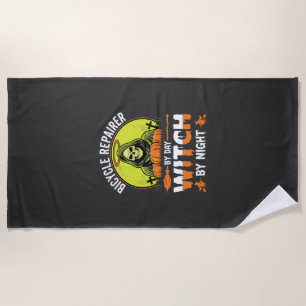 Halloween Bicycle Repairer By Day Witch By Night Beach Towel