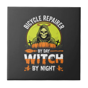 Halloween Bicycle Repairer By Day Witch By Night Tile