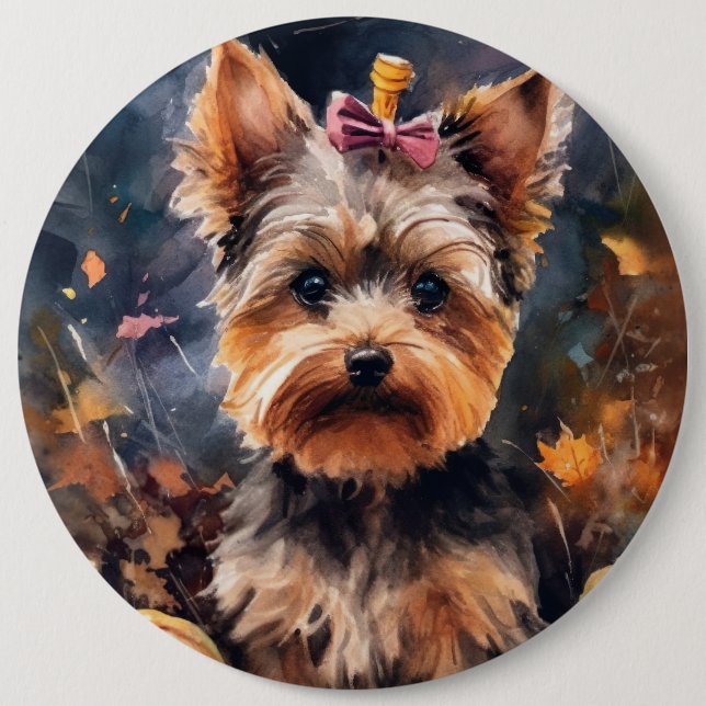 Halloween Biewer Terrier With Pumpkins Scary 6 Cm Round Badge (Front)