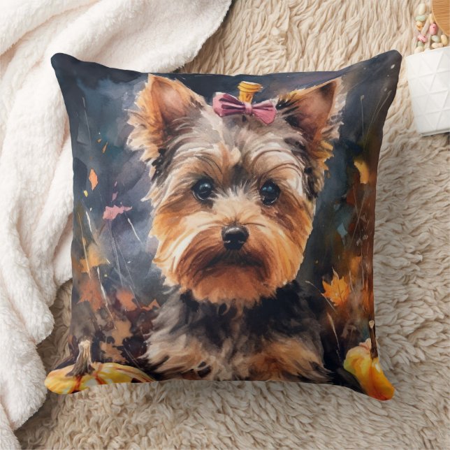 Halloween Biewer Terrier With Pumpkins Scary Cushion (Blanket)