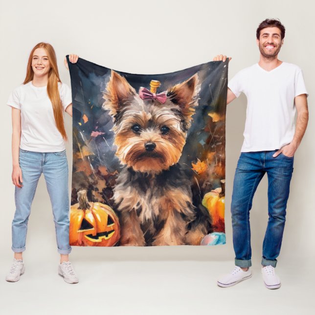 Halloween Biewer Terrier With Pumpkins Scary Fleece Blanket (In Situ)