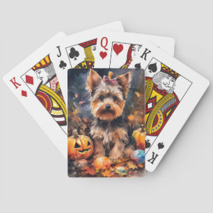 Halloween Biewer Terrier With Pumpkins Scary Playing Cards