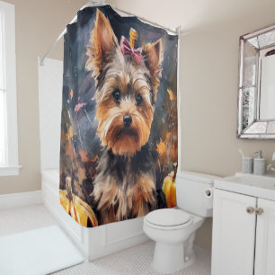 Halloween Biewer Terrier With Pumpkins Scary Shower Curtain