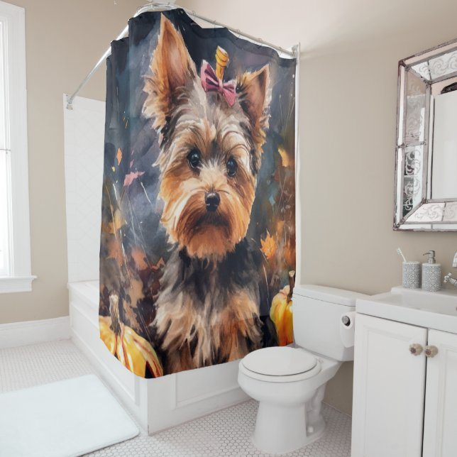Halloween Biewer Terrier With Pumpkins Scary Shower Curtain (In Situ)