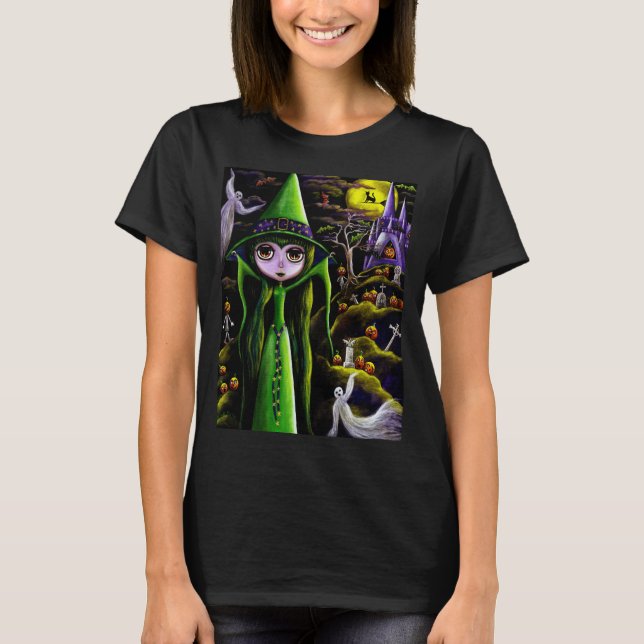 Halloween Big Eye Green Witch Girl Ghosts Pumpkins T-Shirt (Front)