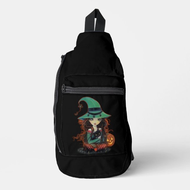 Halloween Big Eyed Witch with Black Cat Sling Bag (Front)
