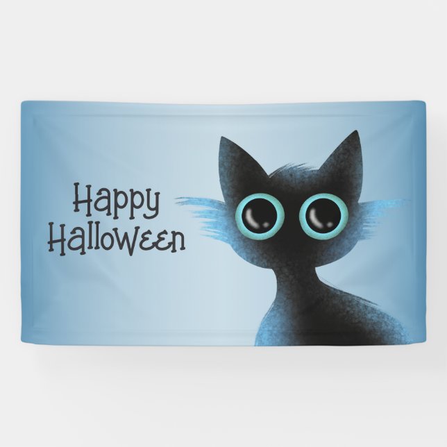 Halloween Big Eyes Black Blue Evil Cat Banner (Horizontal)