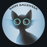 Halloween Big Eyes Black Blue Evil Cat Classic Round Sticker<br><div class="desc">Halloween Big Eyes Black Blue Evil Cat Classic Round Sticker. Unique,  beautiful,  stylish design. Easy to be personalised. Font style,  size and colours can be changed. Matching items are available.</div>