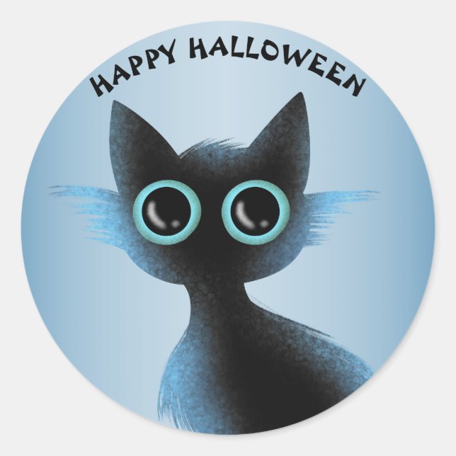 Halloween Big Eyes Black Blue Evil Cat Classic Round Sticker (Front)