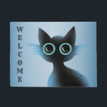 Halloween Big Eyes Black Blue Evil Cat Doormat<br><div class="desc">Halloween Big Eyes Black Blue Evil Cat Doormat. Unique,  beautiful,  stylish design. Easy to be personalised. Font style,  size and colours can be changed. Matching items are available.</div>