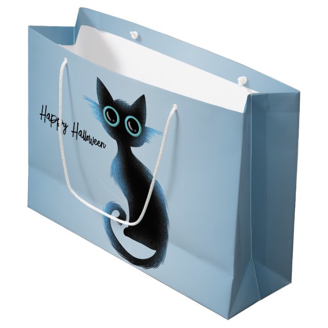 Halloween Big Eyes Black Blue Evil Cat Large Gift Bag (Front Angled)