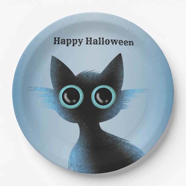 Halloween Big Eyes Black Blue Evil Cat Paper Plate (Front)