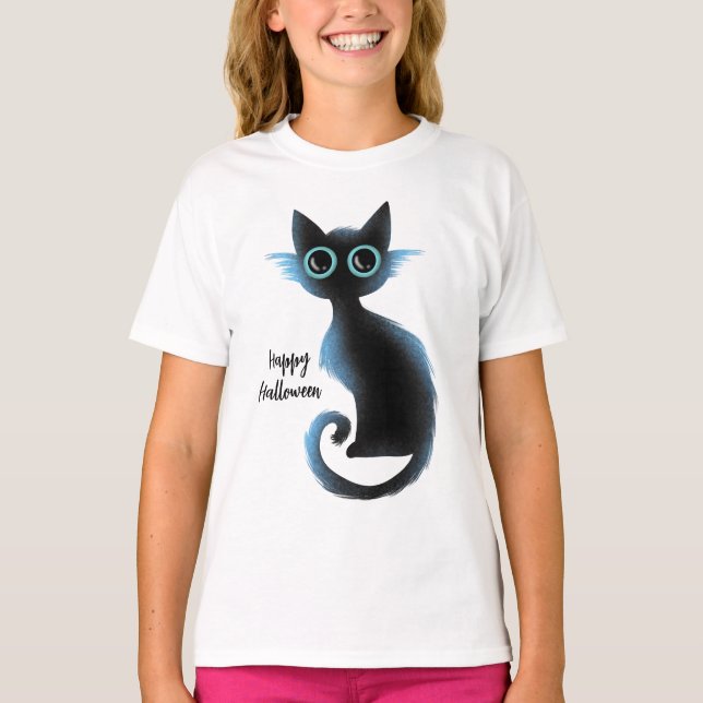 Halloween Big Eyes Black Blue Evil Cat T-Shirt (Front)