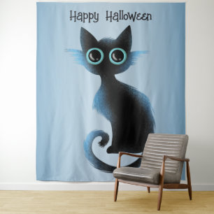 Halloween Big Eyes Black Blue Evil Cat Tapestry