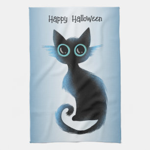 Halloween Big Eyes Black Blue Evil Cat Tea Towel