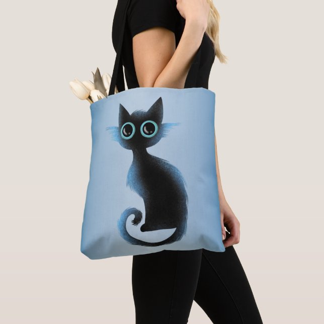 Halloween Big Eyes Black Blue Evil Cat Tote Bag (Close Up)