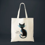Halloween Big Eyes Black Blue Evil Cat Tote Bag<br><div class="desc">Halloween Big Eyes Black Blue Evil Cat Tote Bag. Unique,  beautiful,  stylish design. Easy to be personalised. Font style,  size,  and colours can be changed. Matching items are available.</div>