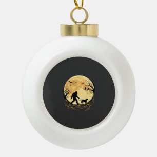 Halloween Bigfoot Walking Labrador Under Full Moon Ceramic Ball Christmas Ornament