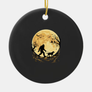 Halloween Bigfoot Walking Labrador Under Full Moon Ceramic Tree Decoration