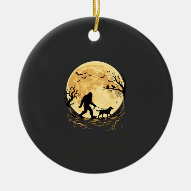 Halloween Bigfoot Walking Labrador Under Full Moon Ceramic Tree Decoration (Front)