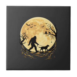 Halloween Bigfoot Walking Labrador Under Full Moon Tile