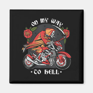 Halloween Biker Skeleton On My Way To Hell Vintage Magnet