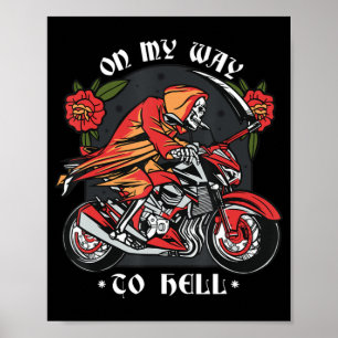 Halloween Biker Skeleton On My Way To Hell Vintage Poster