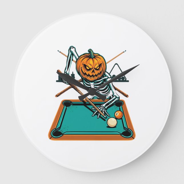 Halloween Billiards Pumpkin Skeleton Pool Large Clock (Front)