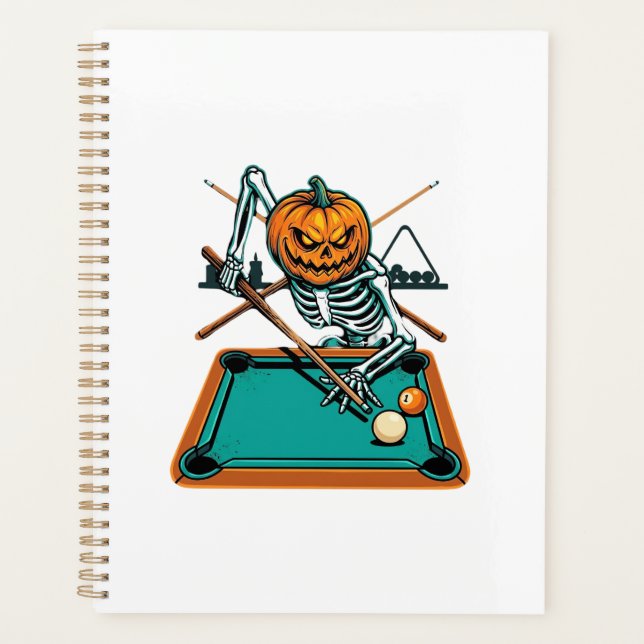 Halloween Billiards Pumpkin Skeleton Pool Planner (Front)