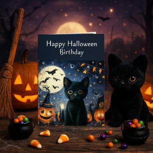 Halloween Birthday Black Cat Greeting Card