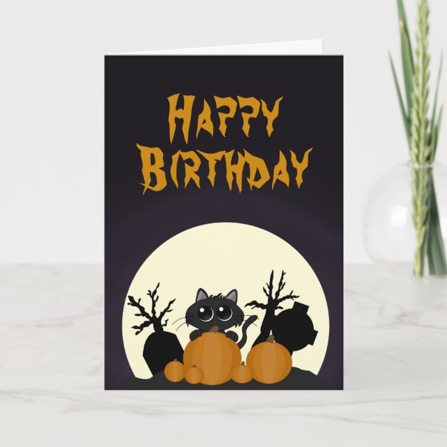 Halloween Birthday Black Cat Pumpkins Graveyard Card (Front)