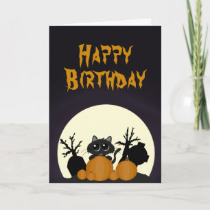 Halloween Birthday Black Cat Pumpkins Graveyard Card