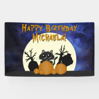Halloween Birthday Black Cat w Pumpkins Graveyard