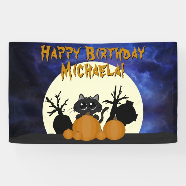 Halloween Birthday Black Cat w Pumpkins Graveyard Banner (Horizontal)
