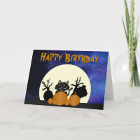 Halloween Birthday Black Cat w Pumpkins Graveyard