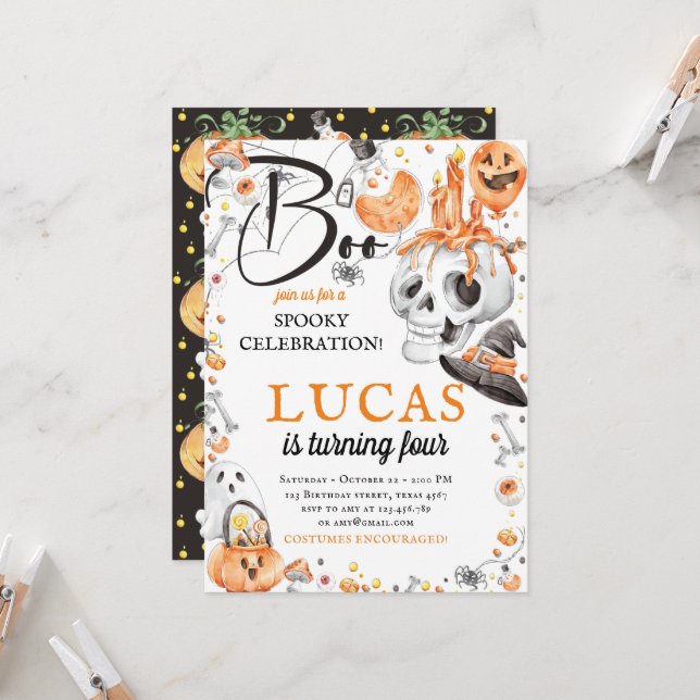Halloween Birthday Black Orange Watercolor Invitation (Front/Back In Situ)