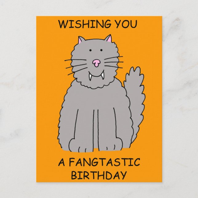 Halloween Birthday Cat with Fangs Postcard (Front)