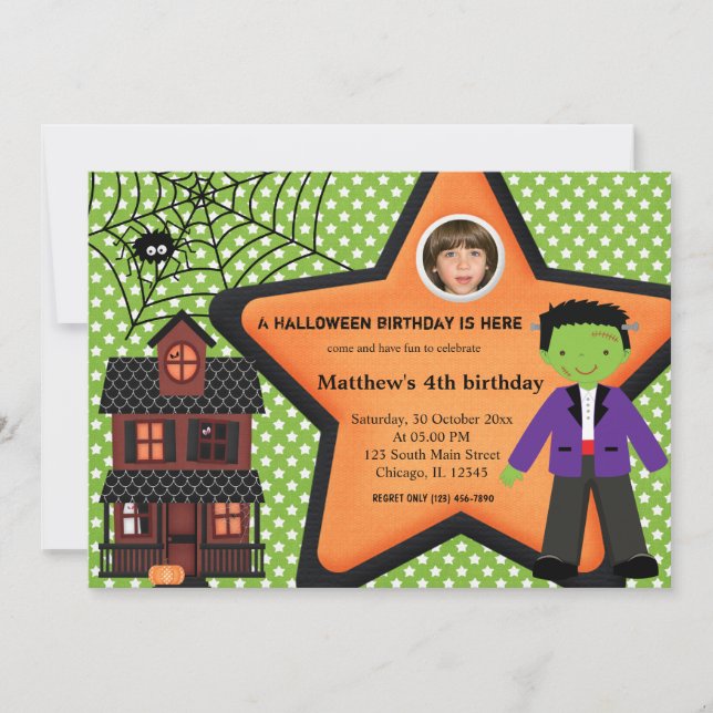 Halloween Birthday Costume (Green) Invitation (Front)