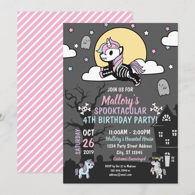 Halloween Birthday Costume Party Pastel Unicorns Invitation (Front/Back)