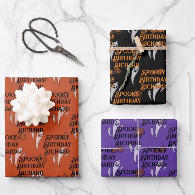 Halloween Birthday Custom Text Spooky Ghosts 3 Wrapping Paper Sheet (Front)